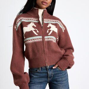 Lulus Duchess Brown Horse Print Zip-front Sweater - Size XS